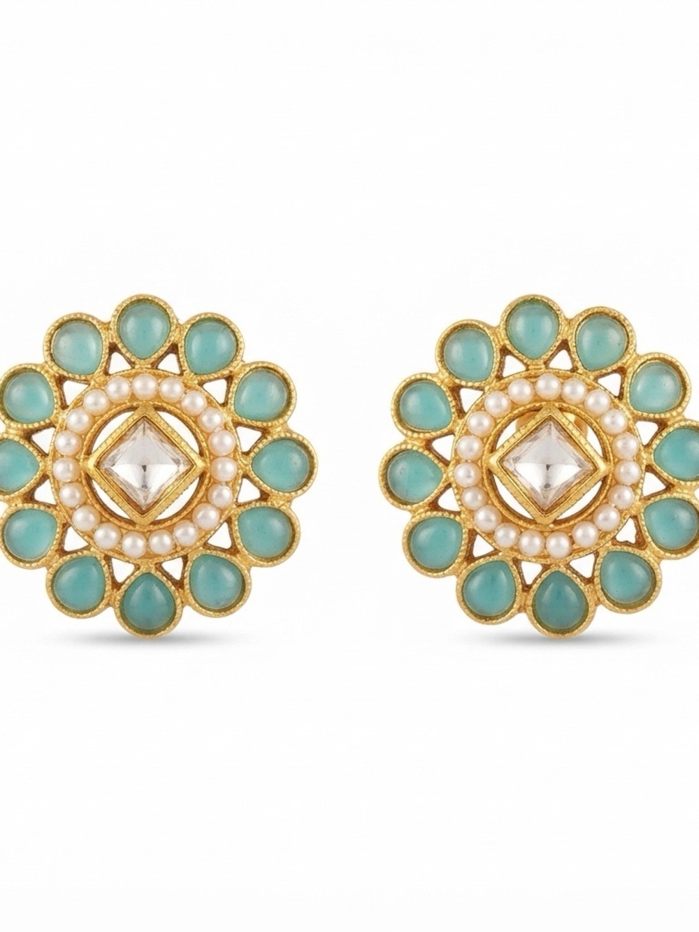 Gold-Tone Turquoise Floral Stud Earrings with Pearl Accents